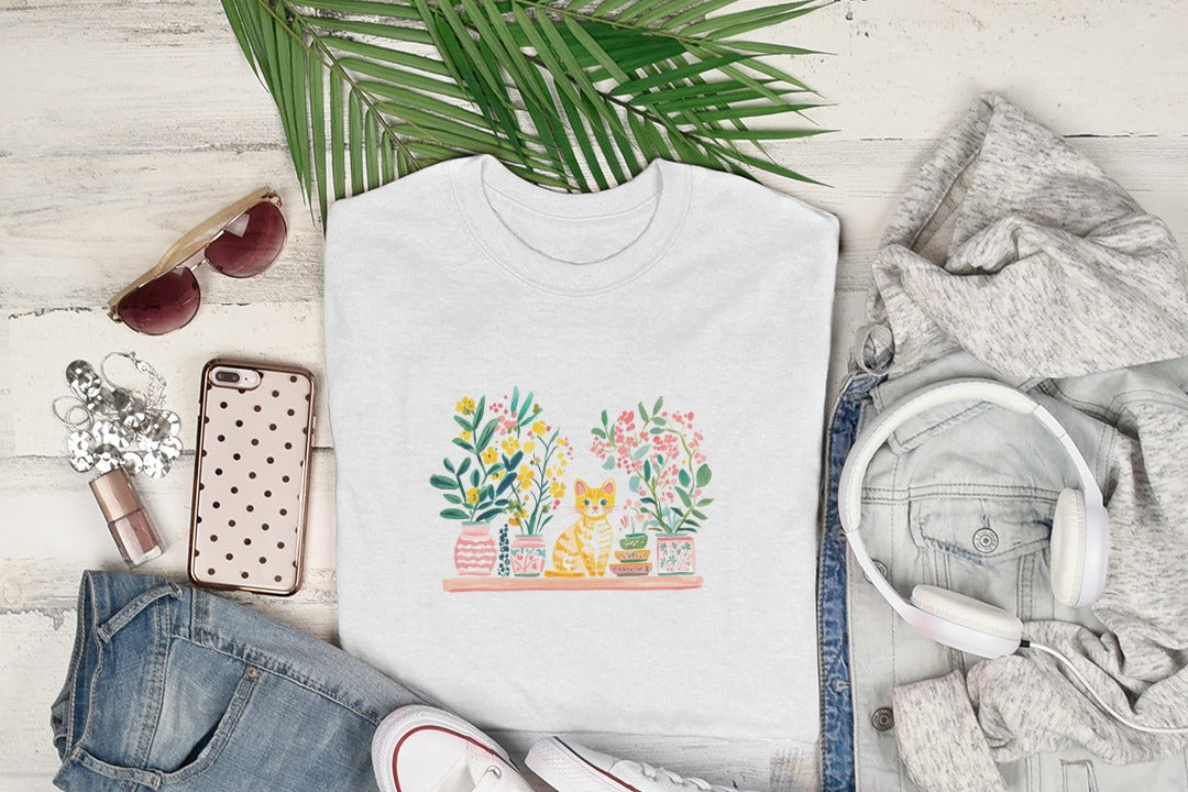 White t-shirt with a watercolor illustration of a cat and plants.