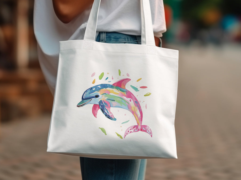 White tote bag with a colorful watercolor dolphin illustration.