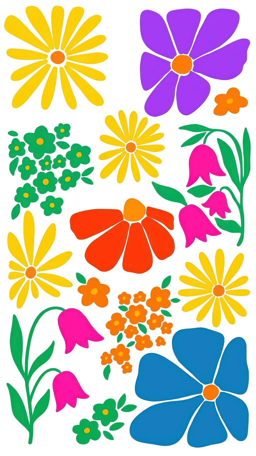 Colorful graphic flowers in various sizes and colors against a white background.