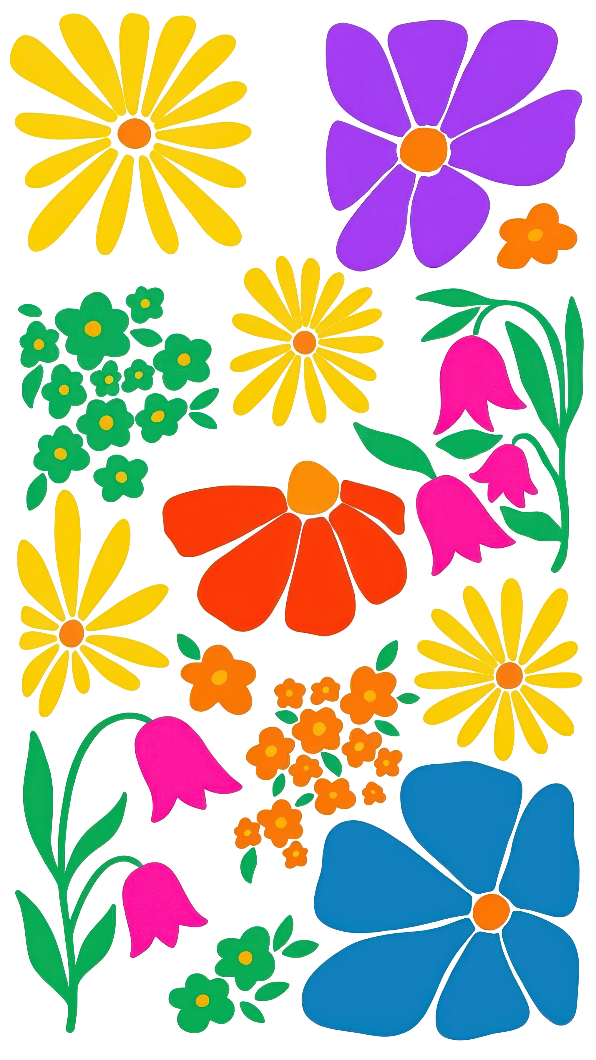 Colorful graphic flowers in various sizes and colors against a white background.