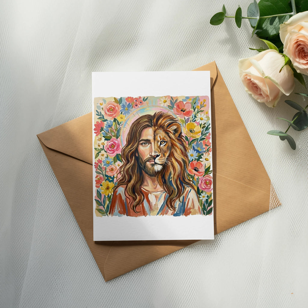 Jesus Christ with lion's mane on greeting card with flowers.