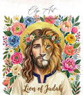 Jesus with a lion's face surrounded by colorful flowers, "Lion of Judah" text.