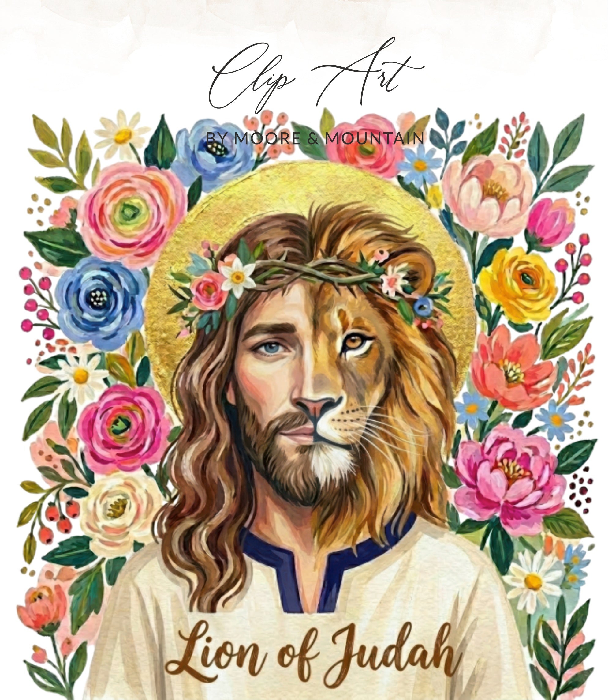 Jesus with a lion's face surrounded by colorful flowers, "Lion of Judah" text.