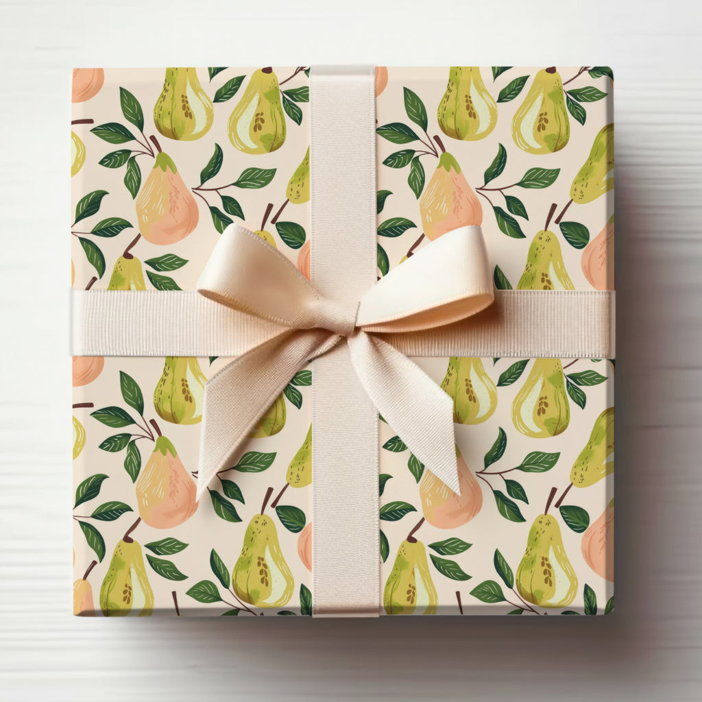 Pear and Leaf Pattern Gift Wrap Box with Ribbon