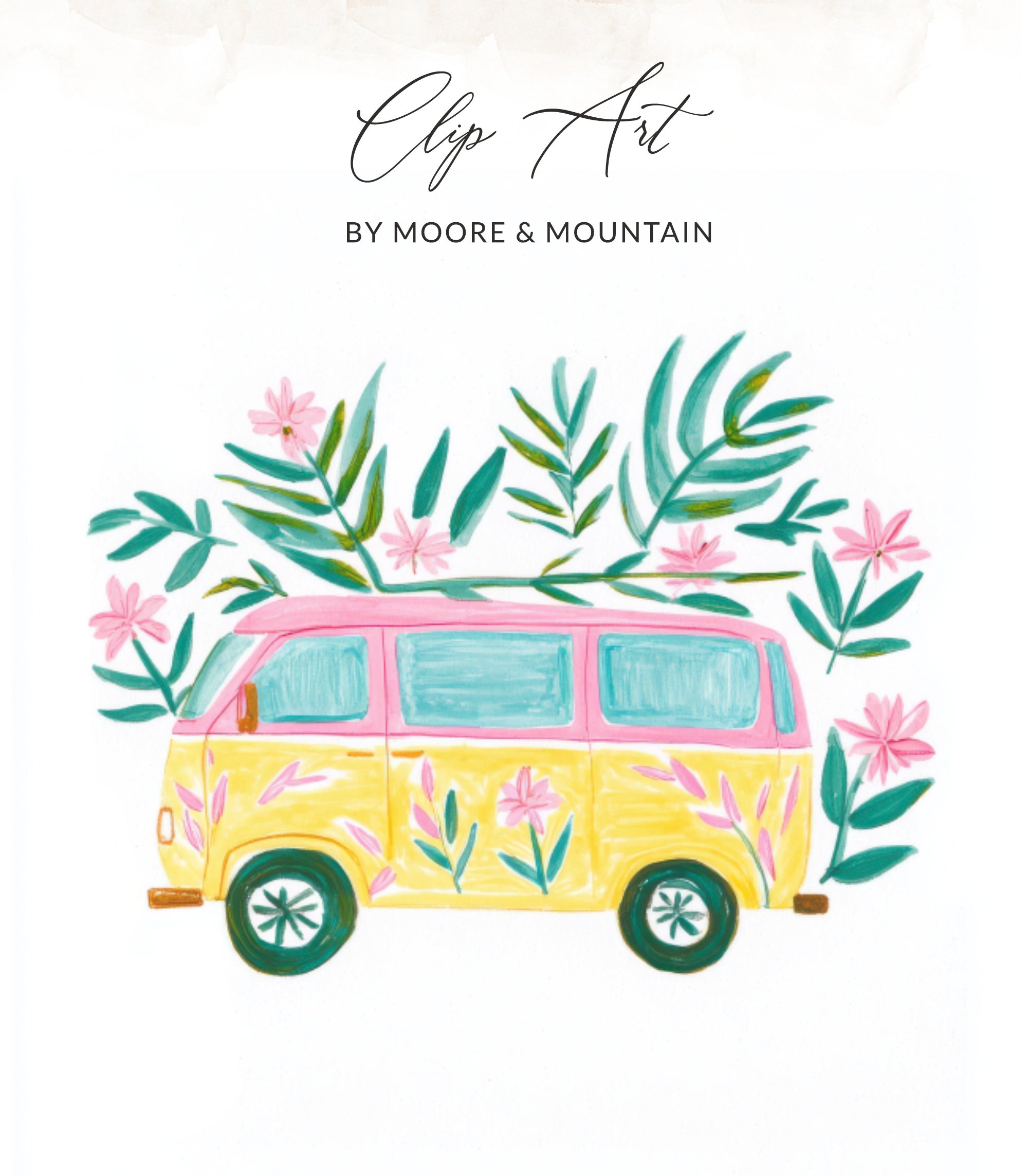 Yellow and pink camper van with floral accents.