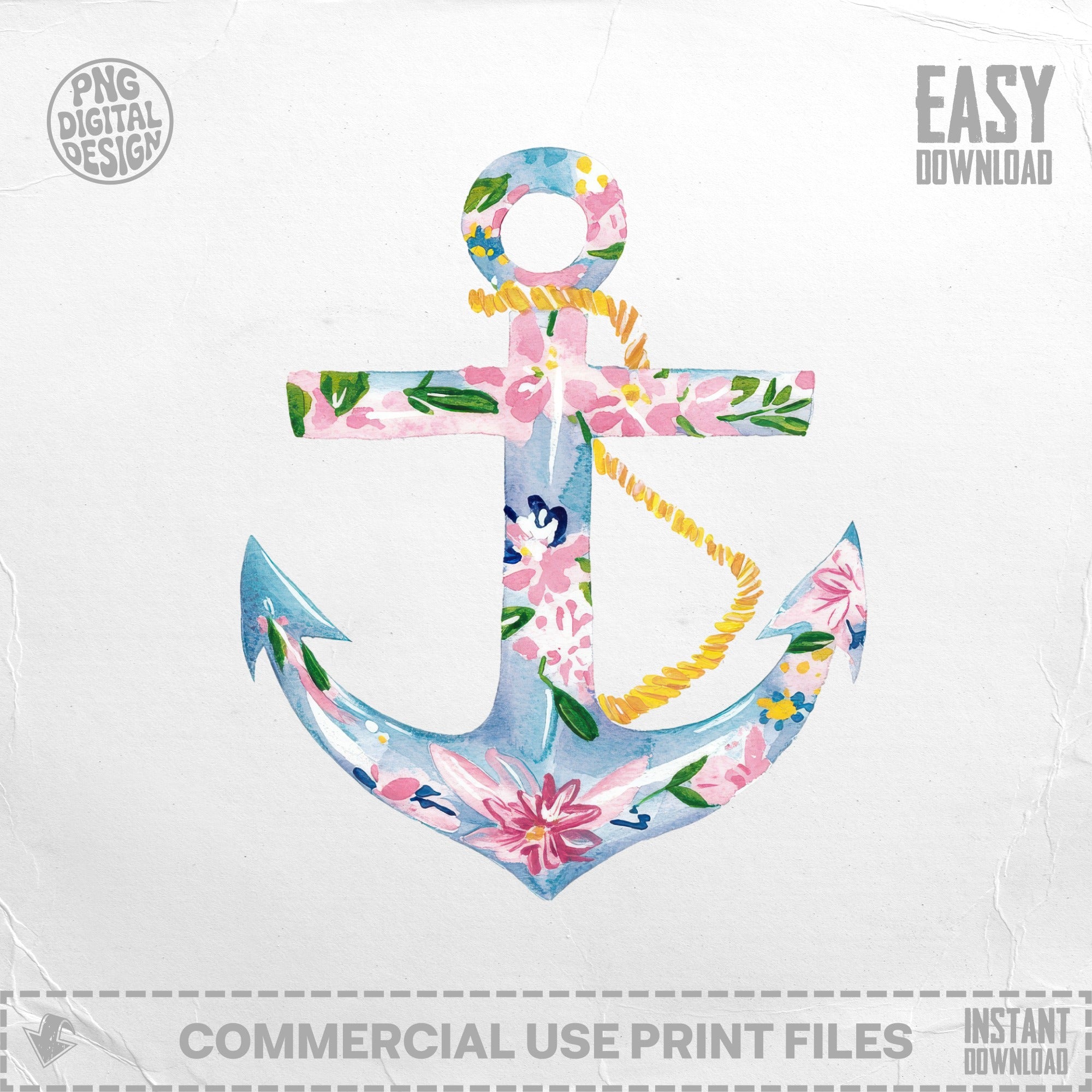 Floral anchor with rope, blue, pink, and yellow watercolor design.