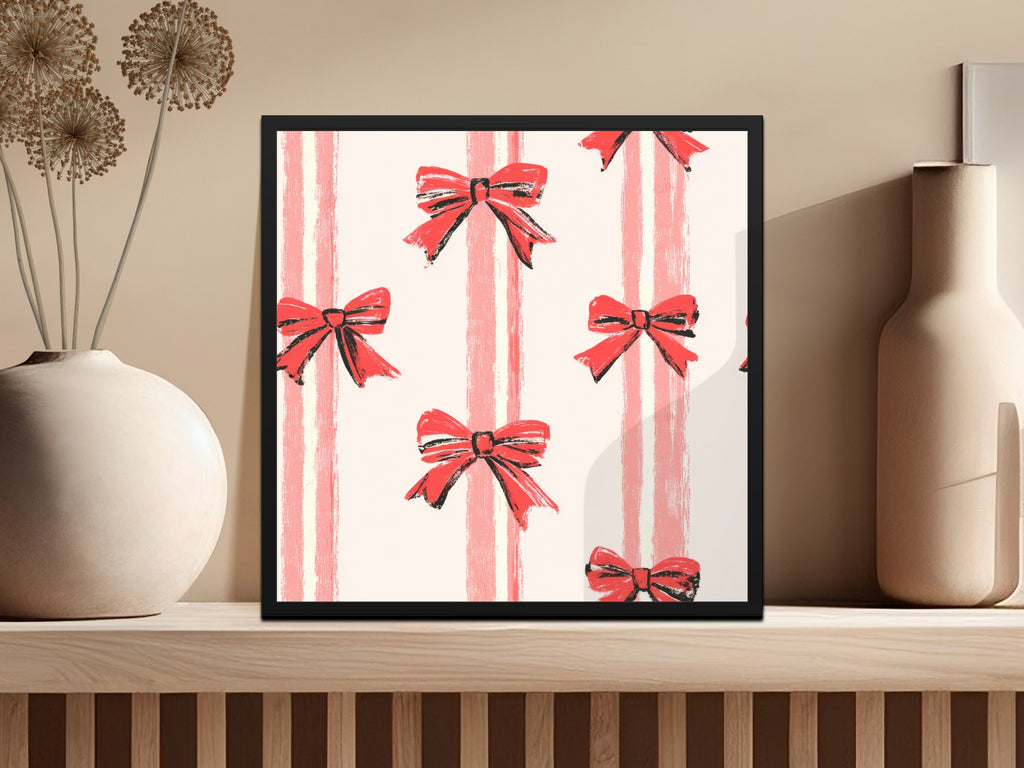 Red Bows and Stripes Wall Art in Elegant Frame Design