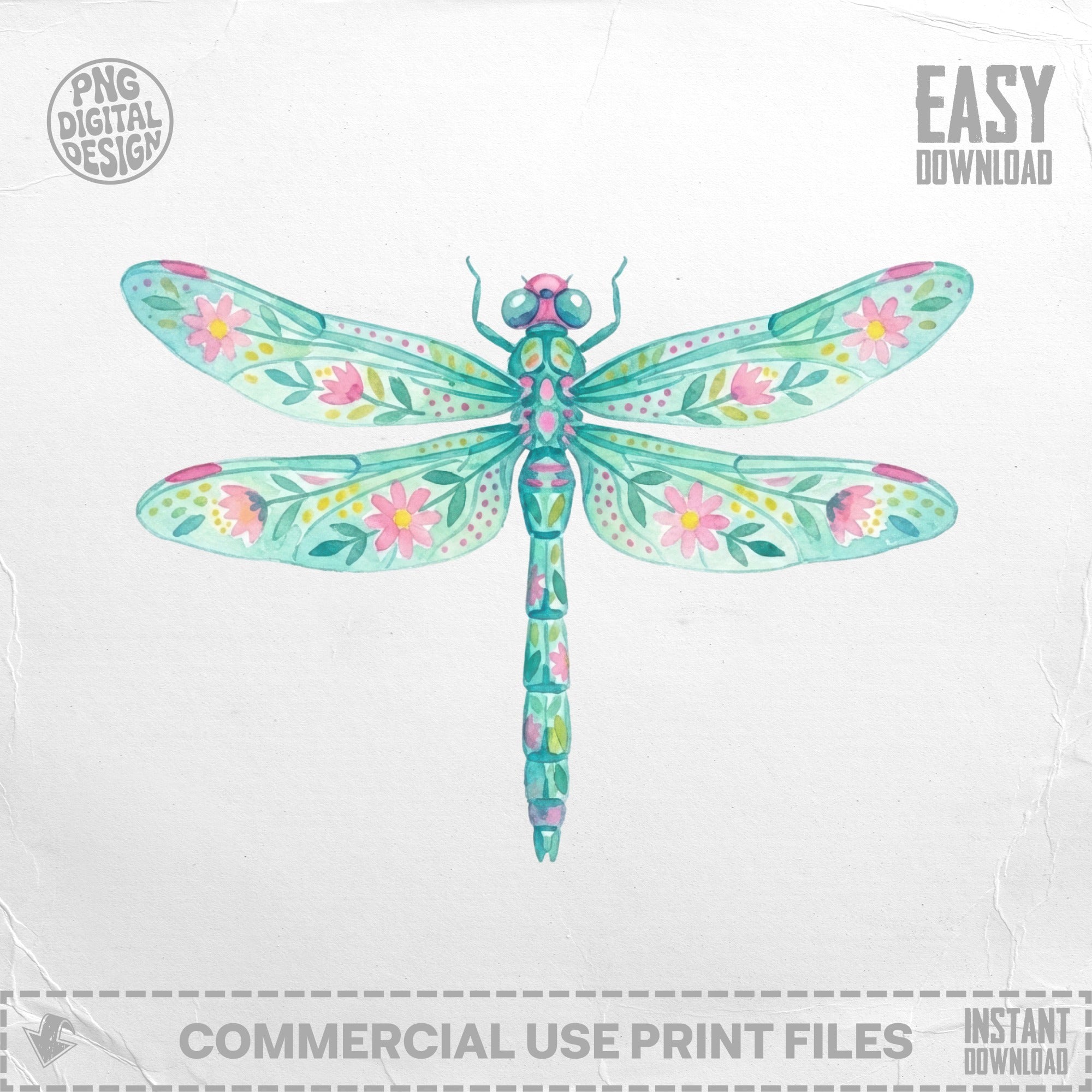 Teal dragonfly with floral wing patterns on a white background.