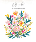 Floral clip art with pink, orange, and yellow flowers and green leaves.