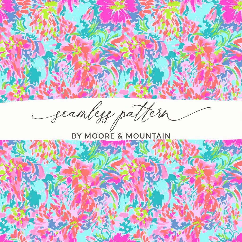 Seamless floral pattern with pink, teal, and blue abstract brushstrokes.