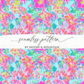 Seamless floral pattern with pink, teal, and blue abstract brushstrokes.