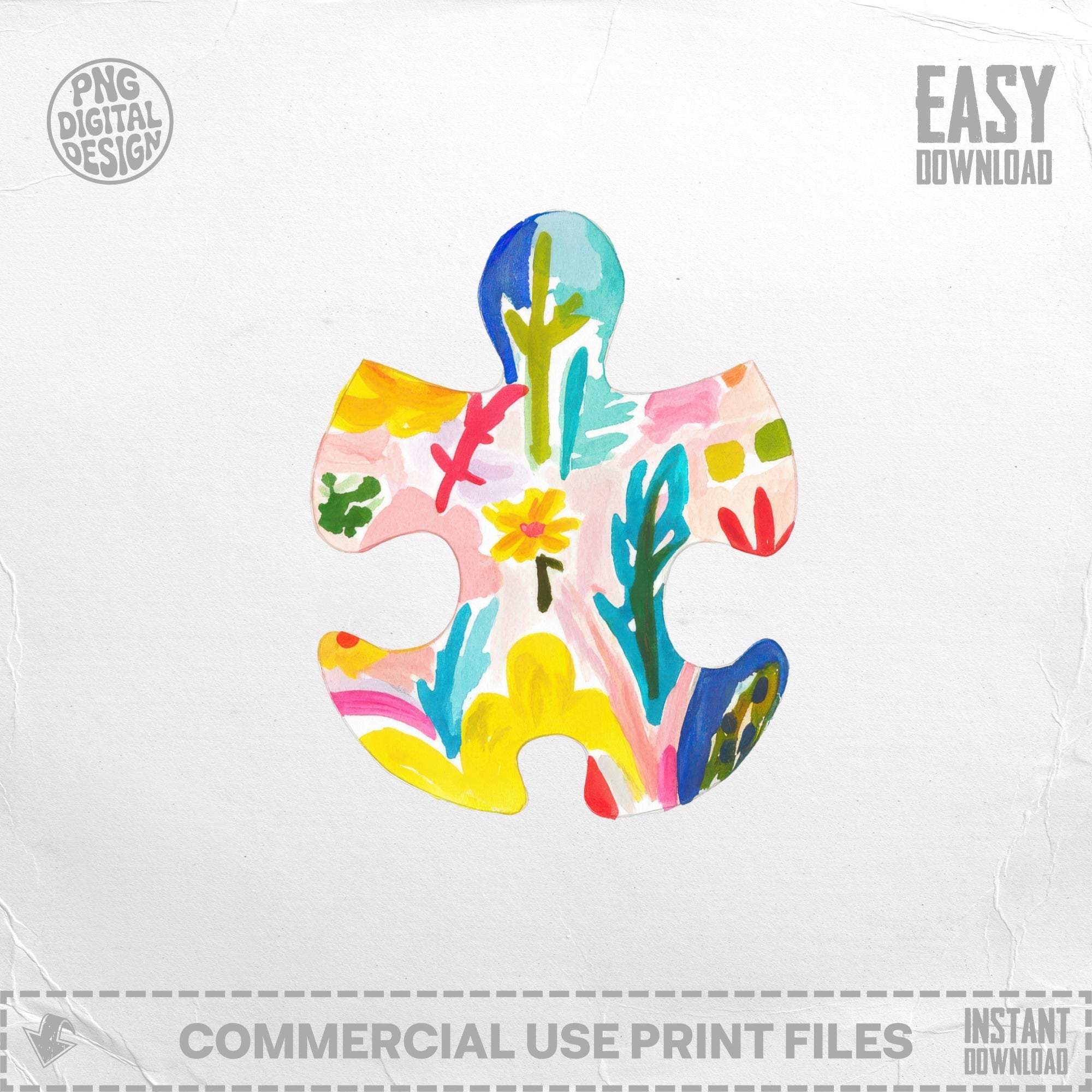 Colorful abstract puzzle piece with floral and leaf motifs.