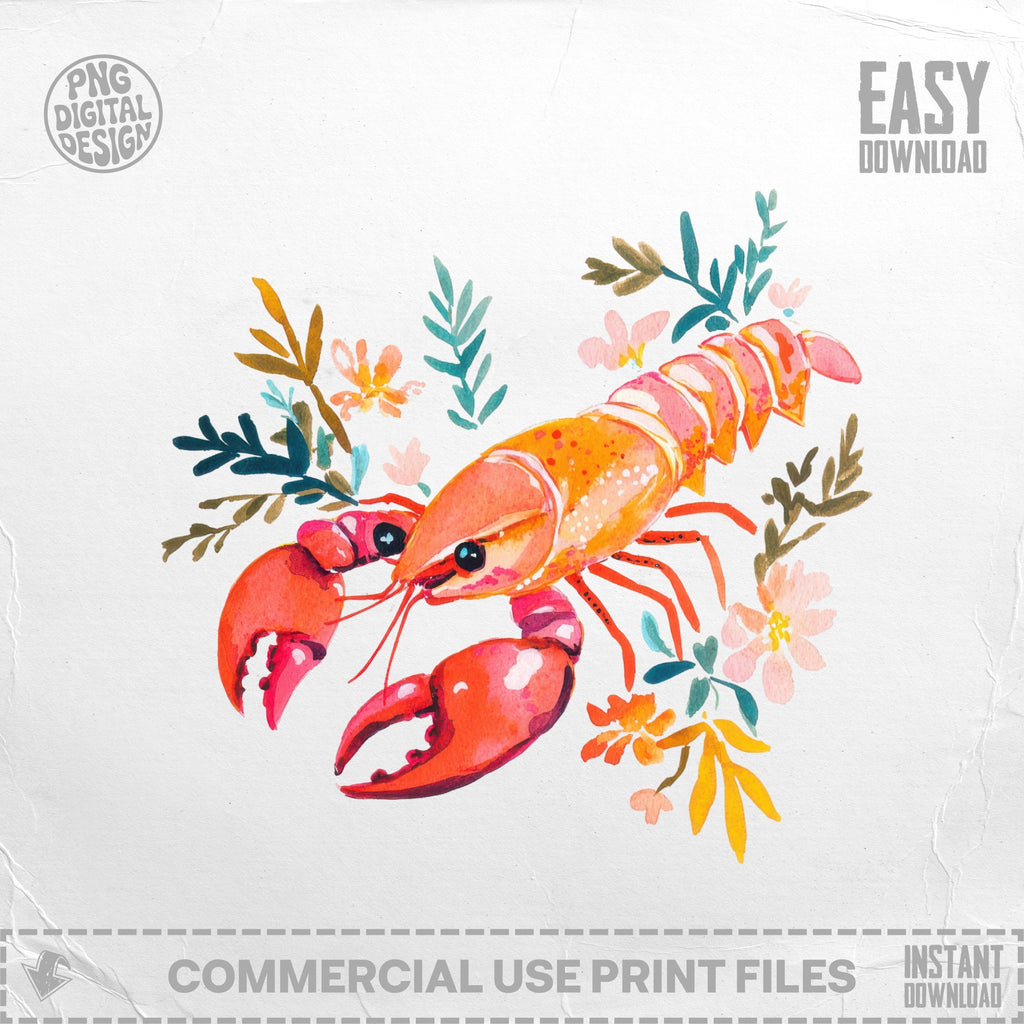 Watercolor lobster with flowers and leaves, "Easy Download" text.