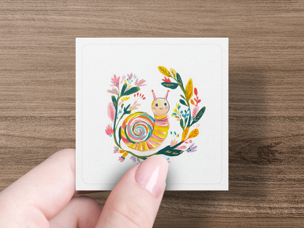 Colorful swirled snail illustration surrounded by floral elements.