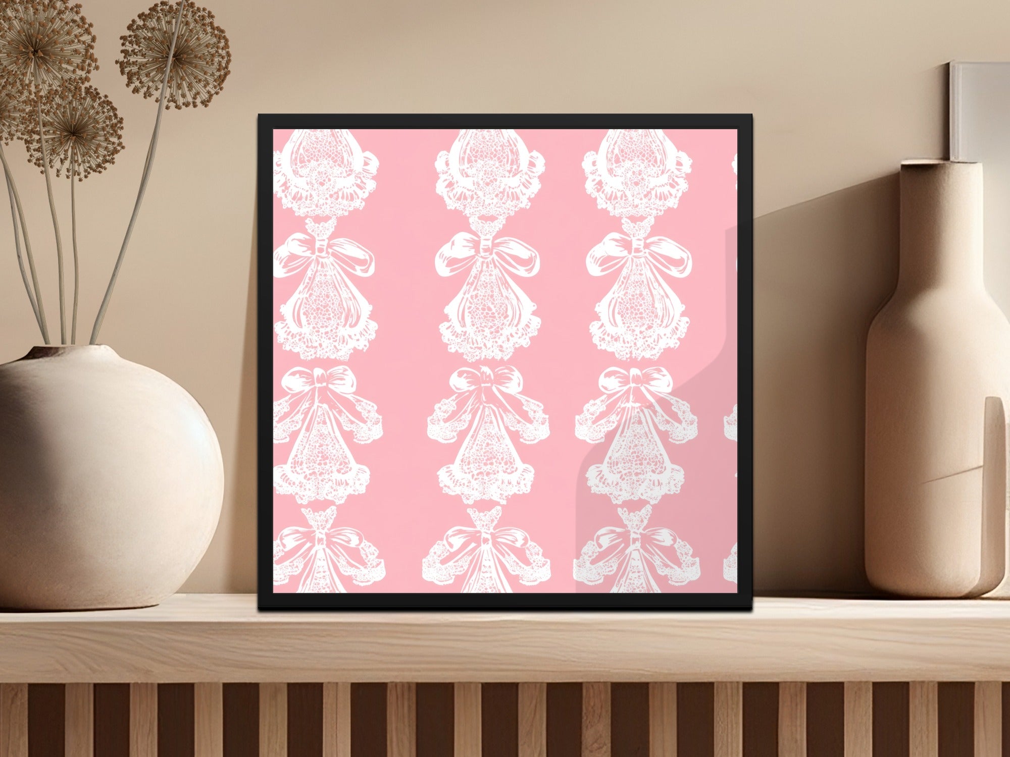 Elegant Pink Wall Art Print with Decorative Bows Design