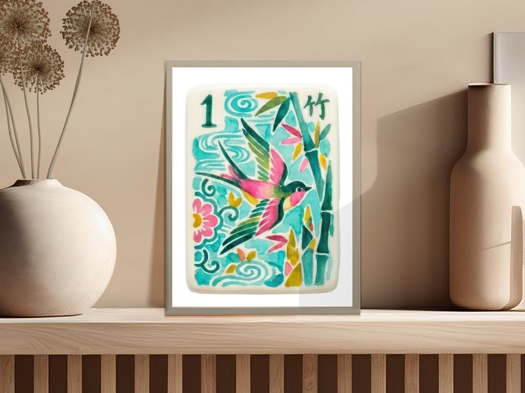 Watercolor painting of a swallow flying near bamboo and flowers, with a large numeral "1".