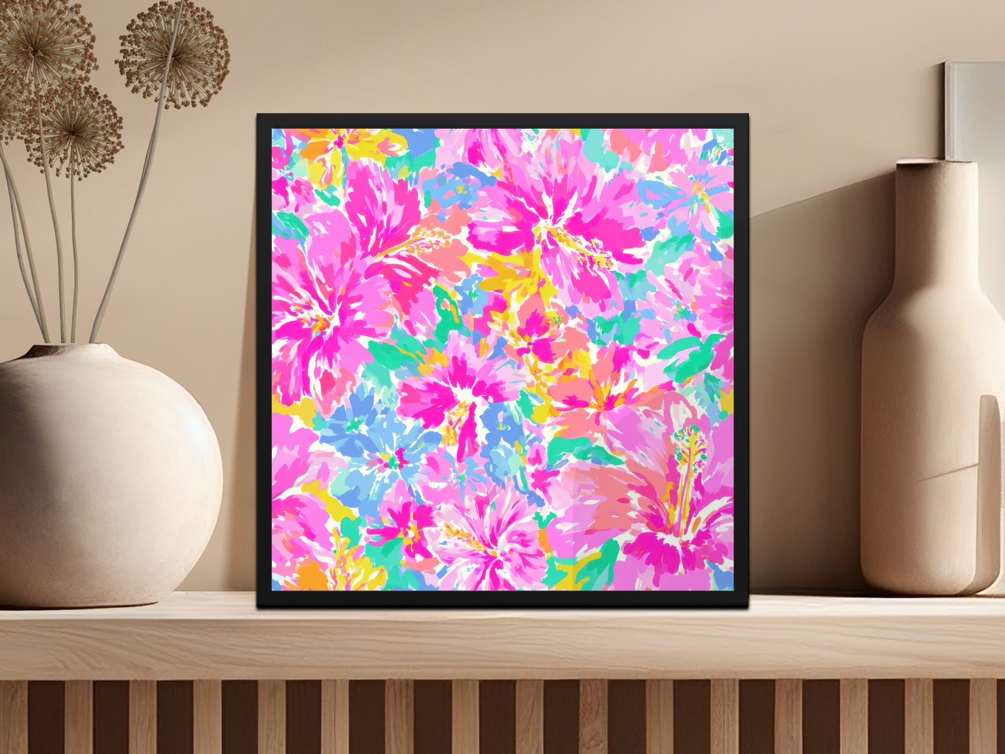 Colorful floral painting with pink, blue, and green hibiscus flowers.