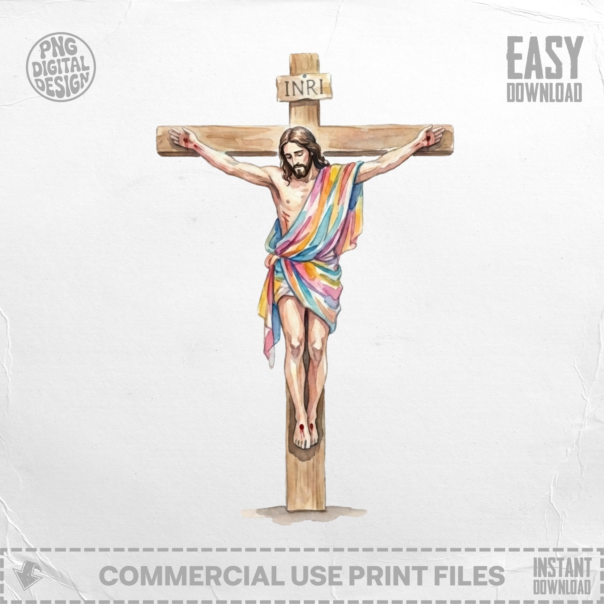 Jesus on a cross, draped in a colorful cloth, with "INRI" above.