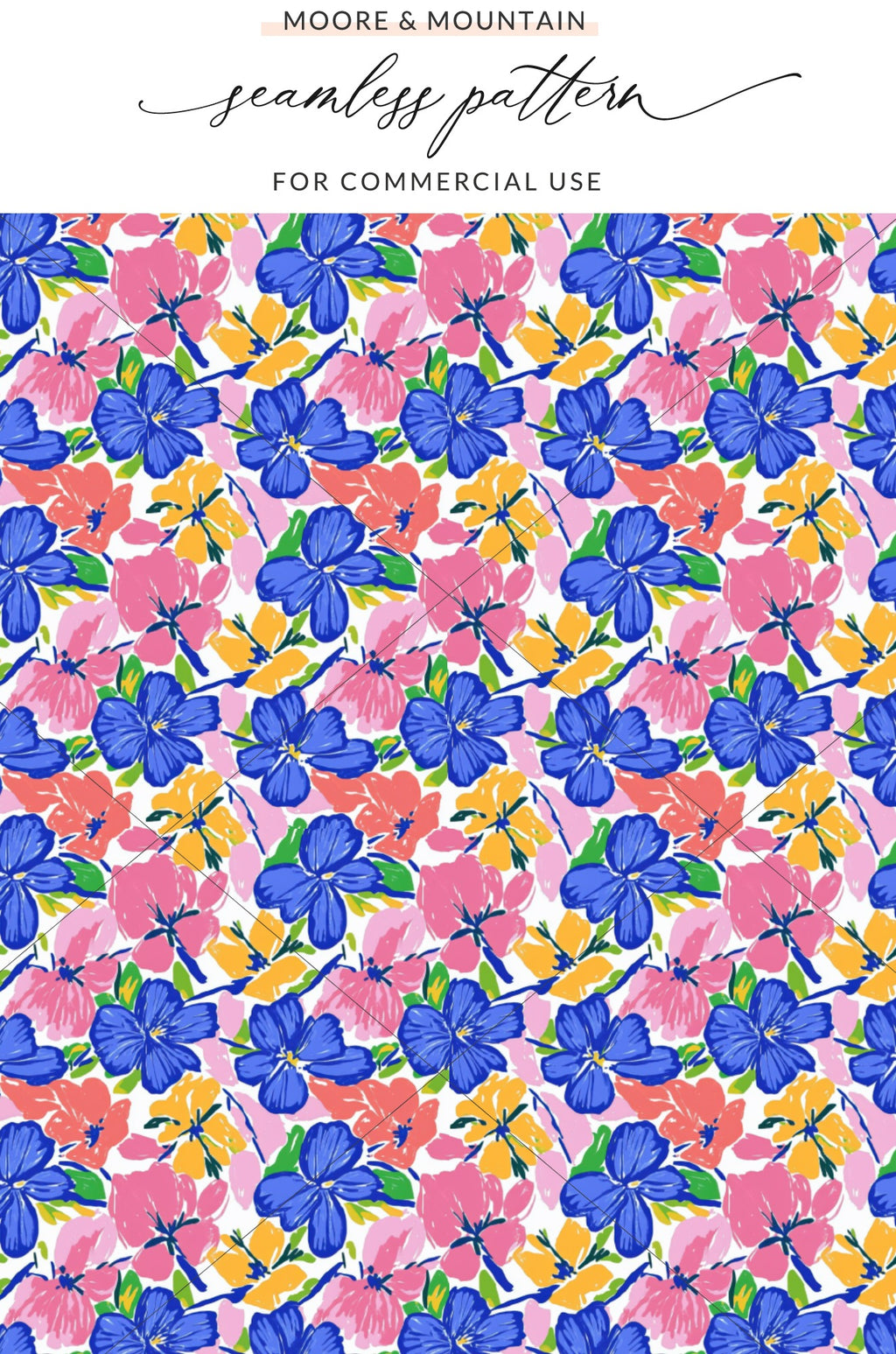 Blue and pink floral pattern on white background with text "Moore & Mountain".
