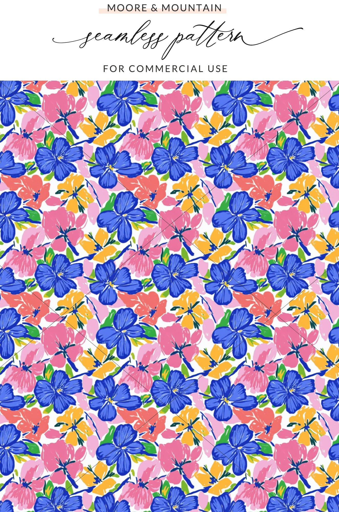Blue and pink floral pattern on white background with text "Moore & Mountain".