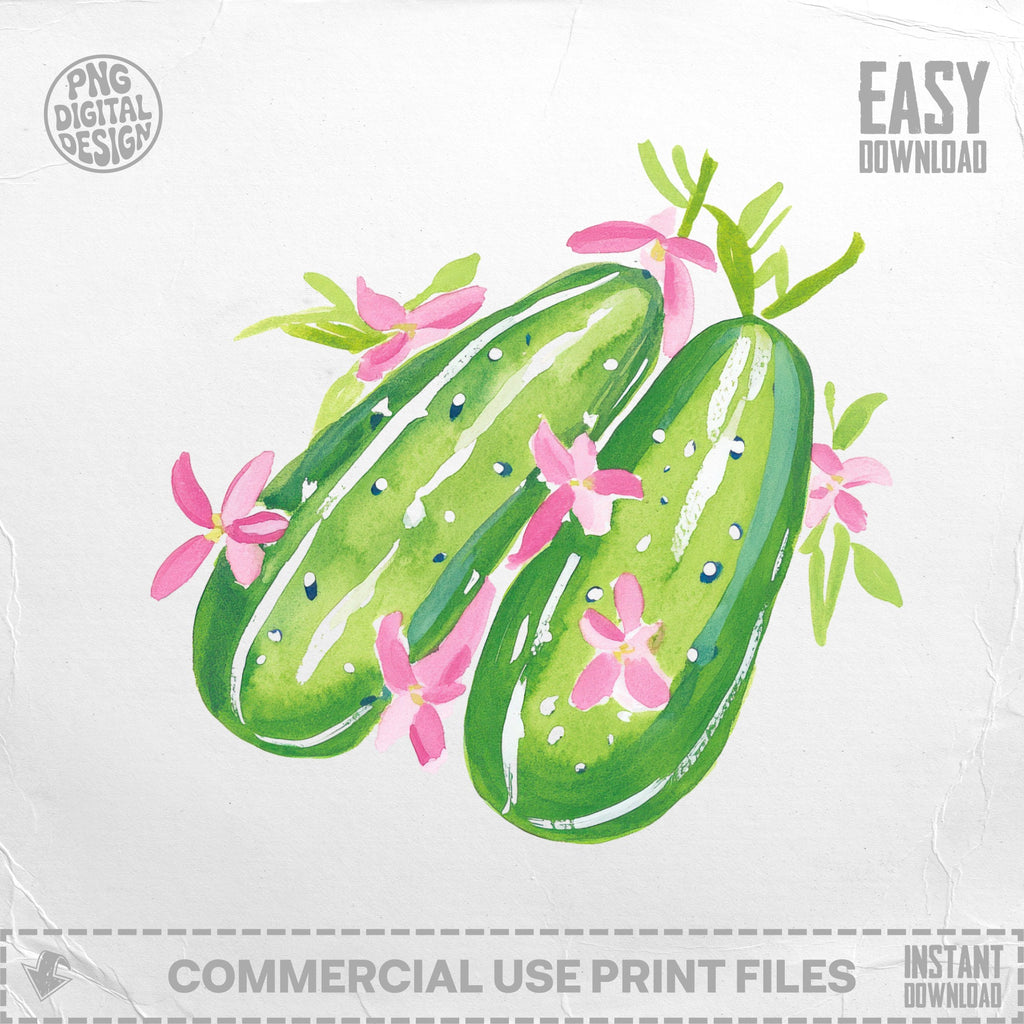 Watercolor illustration of two cucumbers with pink flowers.