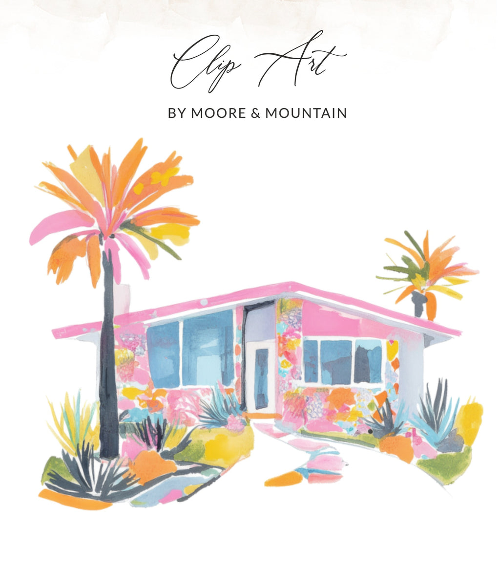 Watercolor illustration of a pink mid-century modern house with colorful landscaping.