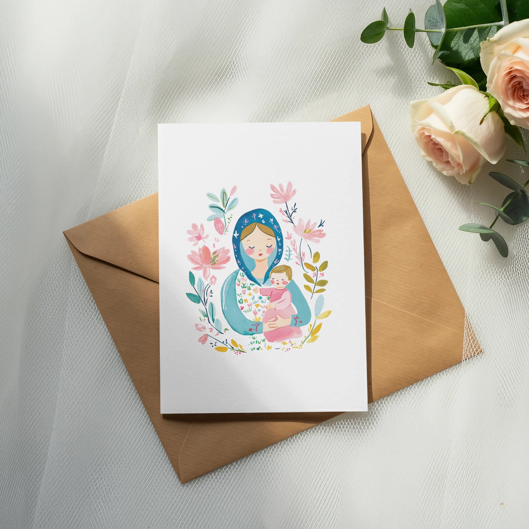 Card with mother and baby illustration on brown envelope, surrounded by roses.