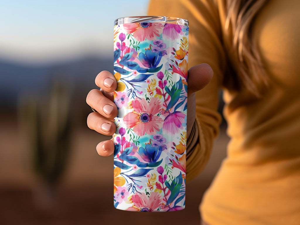 Vibrant Watercolor Floral Bloom Design Travel Tumbler product type
Tumbler, Travel Mug, Floral, Watercolor, Vibrant, Colorful, Bloom, Botanical, Garden, Artistic, Pink Flowers, Blue Flowers, Yellow Flowers, Green Leaves, Multi Color, Nature Design, Spring Theme, Summer Style, Drinkware, Beverage Container
