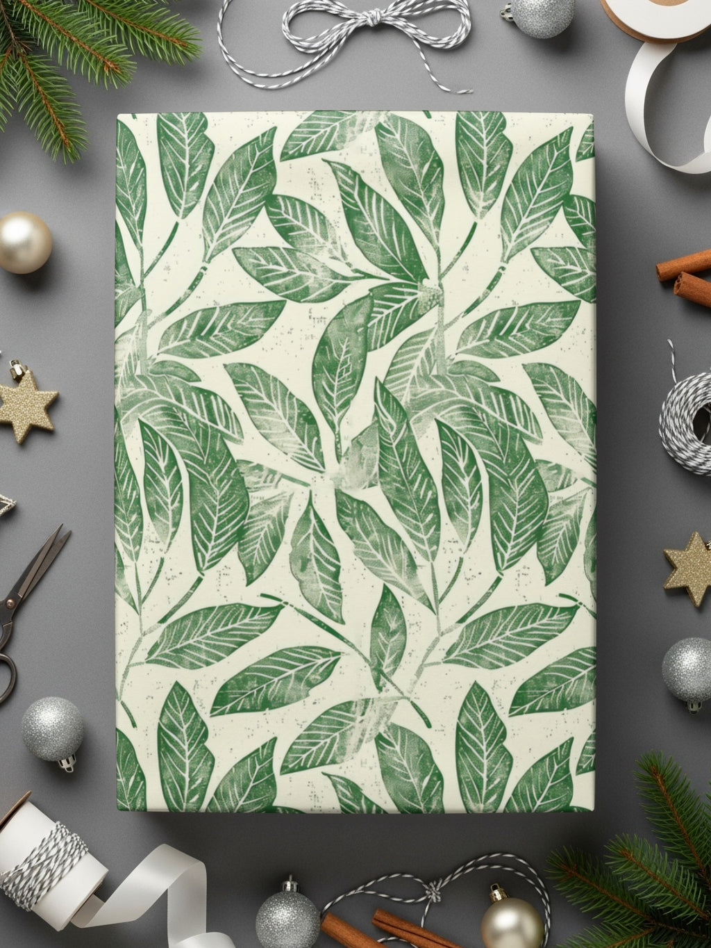 Festive Green Leaf Patterned Gift Wrapping Paper