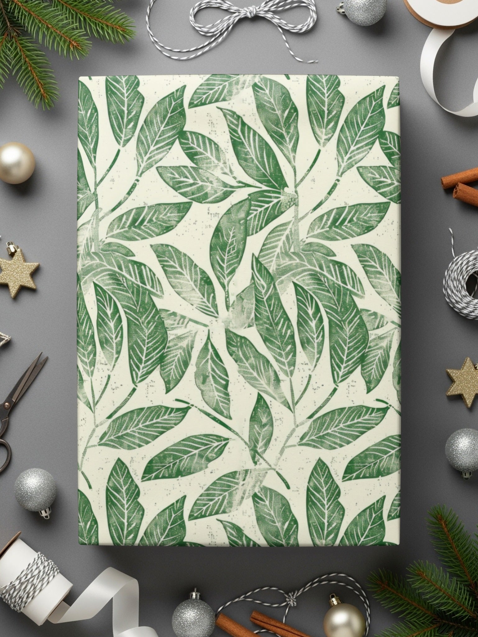 Festive Green Leaf Patterned Gift Wrapping Paper