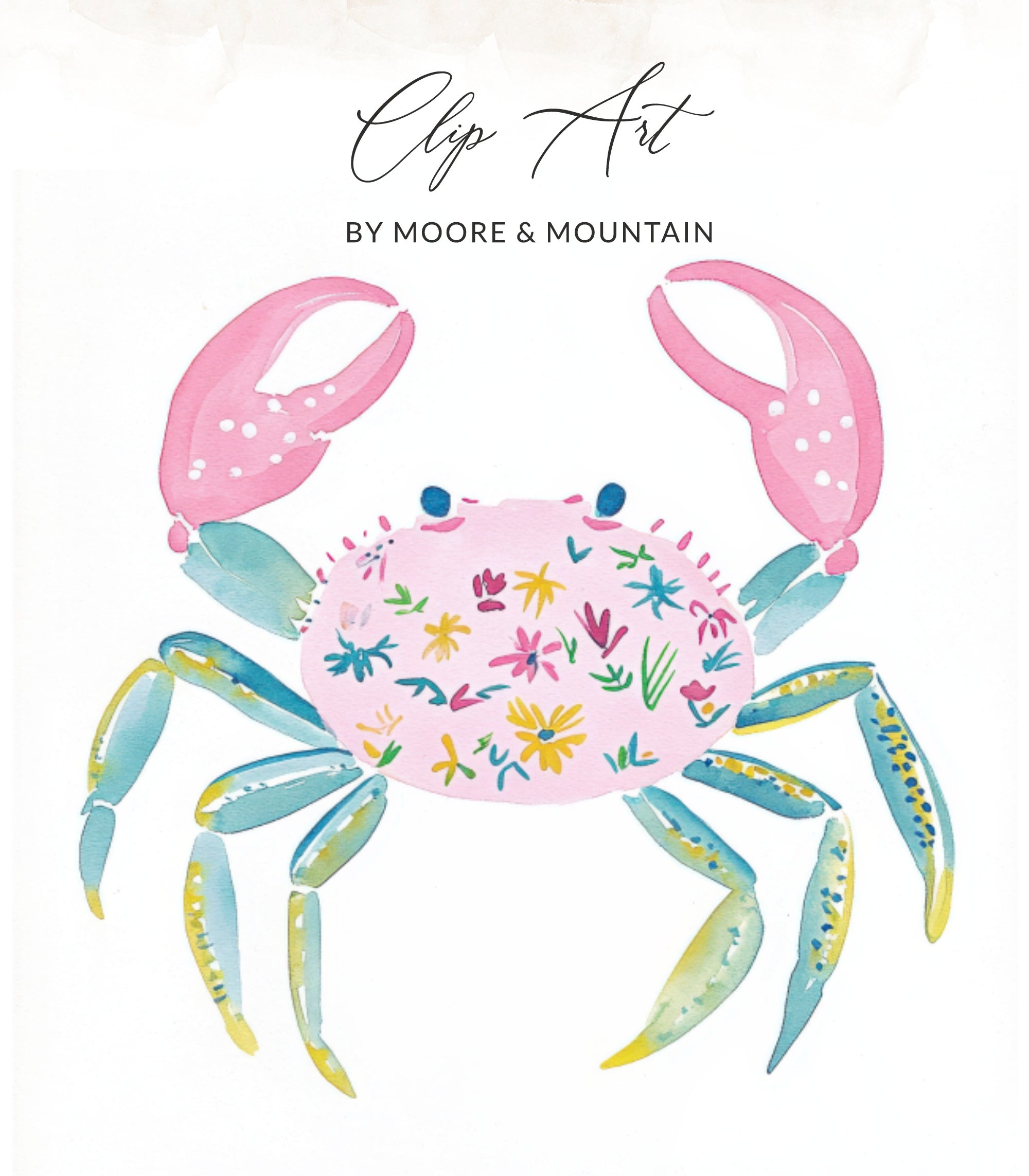 Pink crab with floral design and text "Clip Art" by Moore & Mountain.
