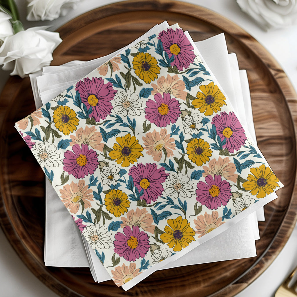 Floral pattern napkins in pink, yellow, and white on a wooden tray.
