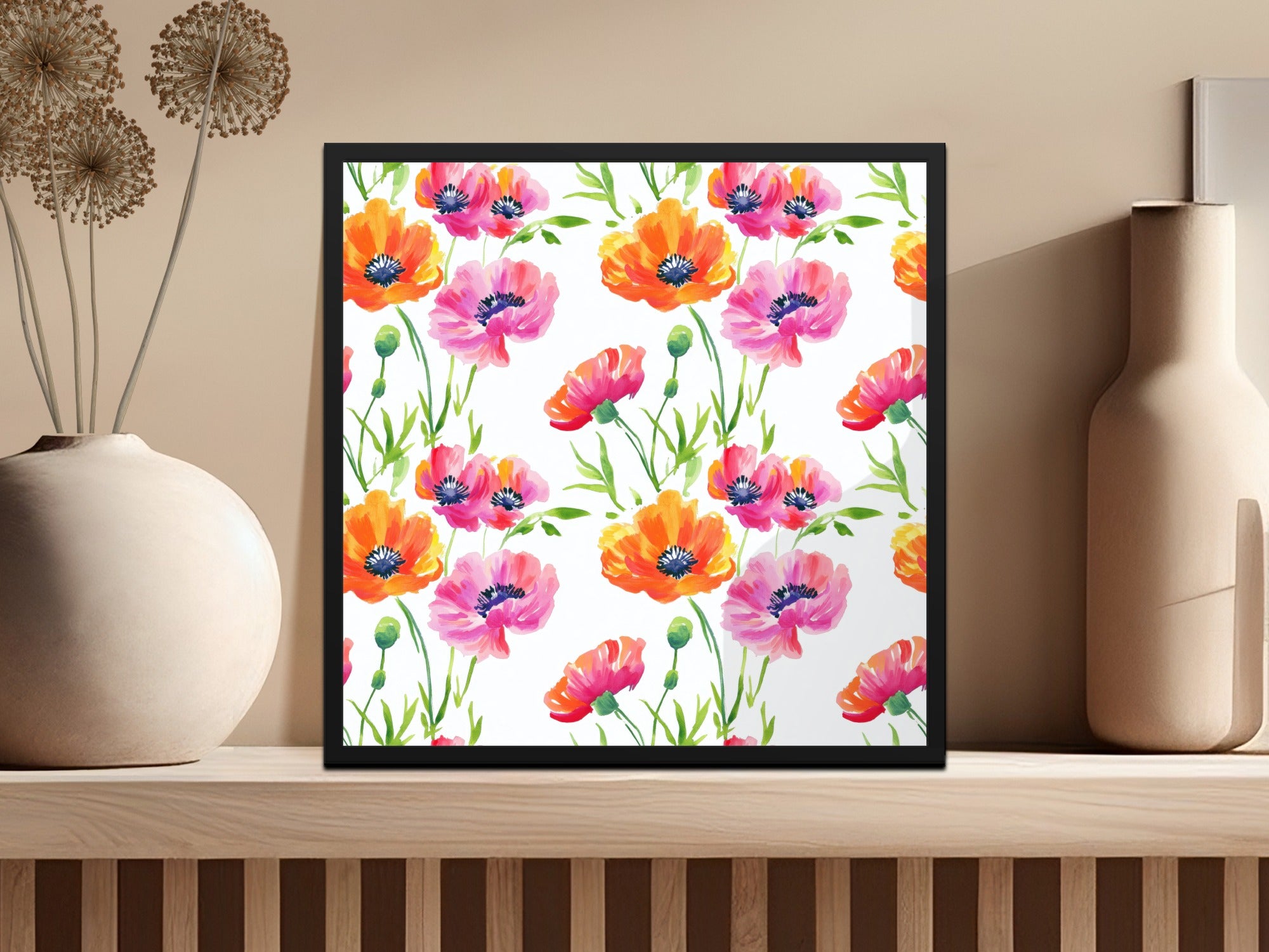 Square frame with a vibrant watercolor poppy floral pattern.