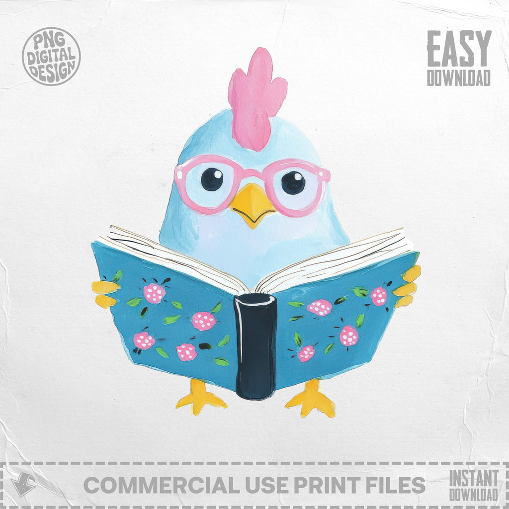 Light blue chicken wearing glasses reads an open book with pink flowers.