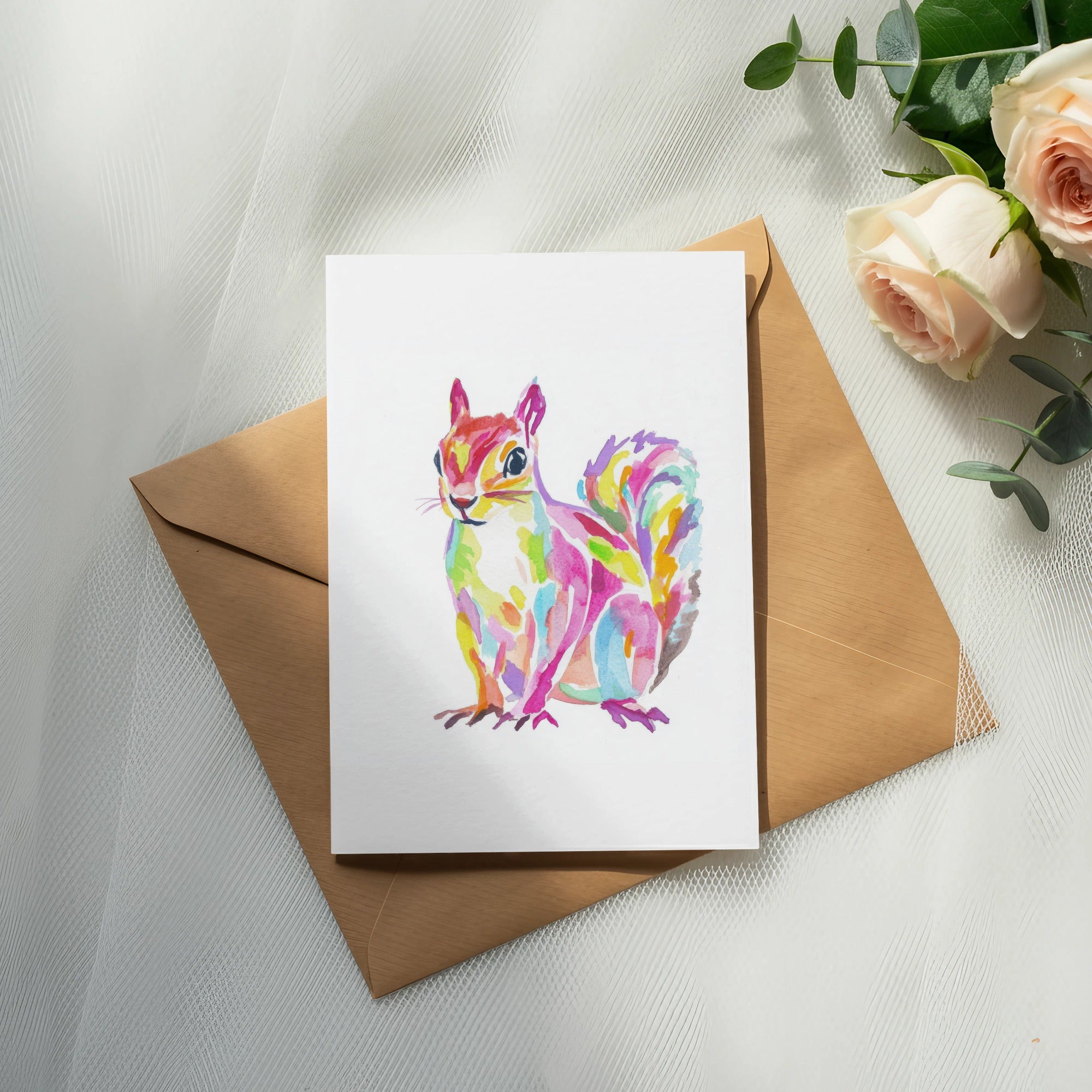 Colorful watercolor squirrel illustration on a card, next to an envelope and roses.