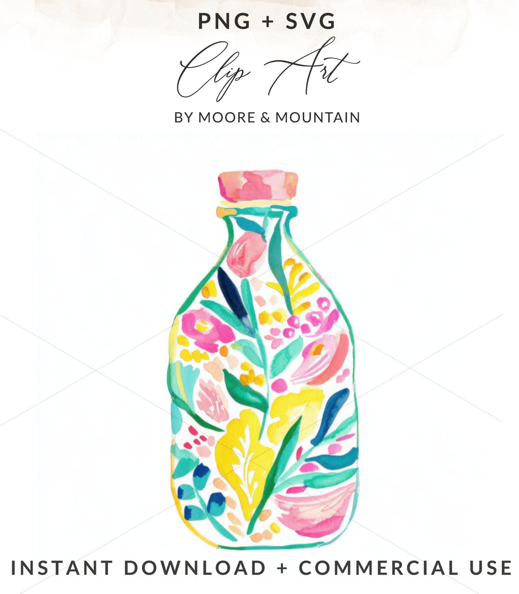 Colorful floral pattern on a bottle shape, PNG + SVG clip art.