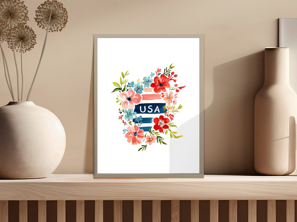 Floral USA design on framed artwork with vases on a shelf.