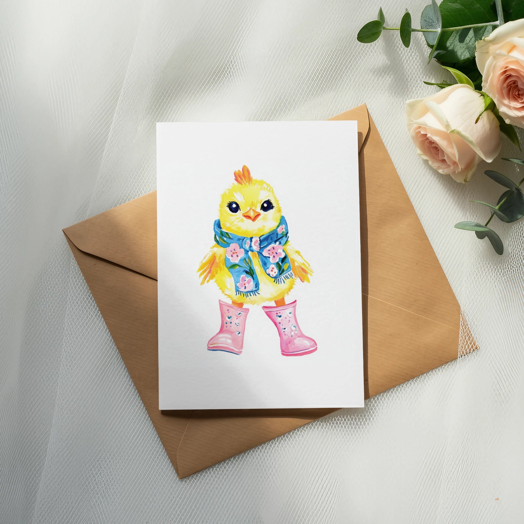 Watercolor chick in pink boots and blue scarf on card over envelope.