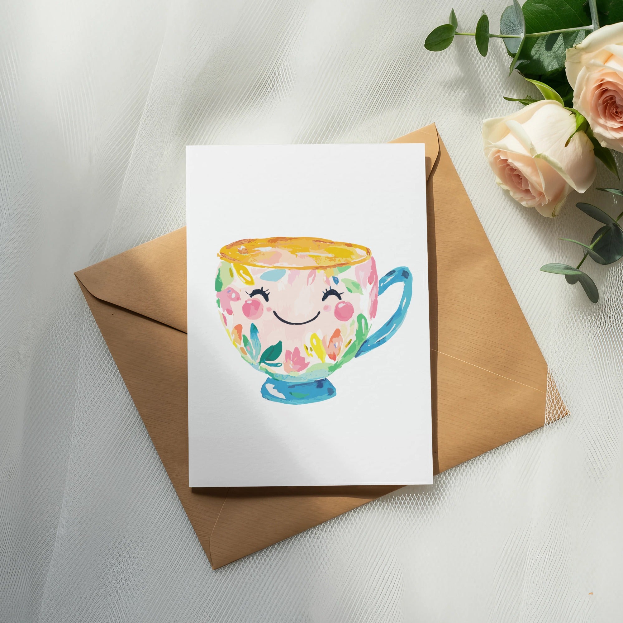 Hand-painted smiling teacup with colorful floral designs on card.