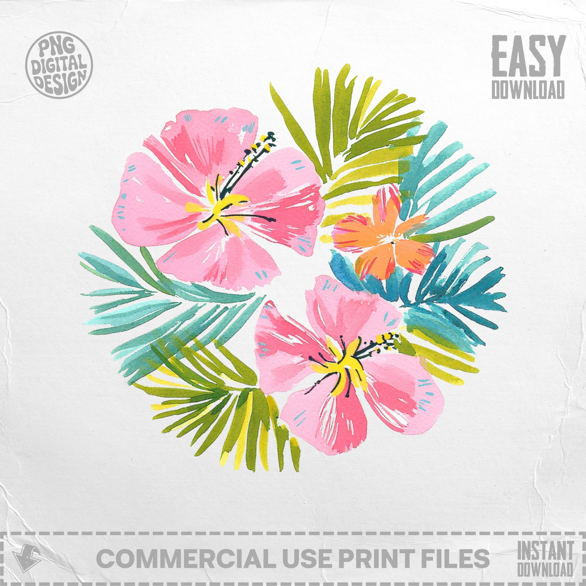 Pink and orange hibiscus flowers with green palm leaves in a circular arrangement.