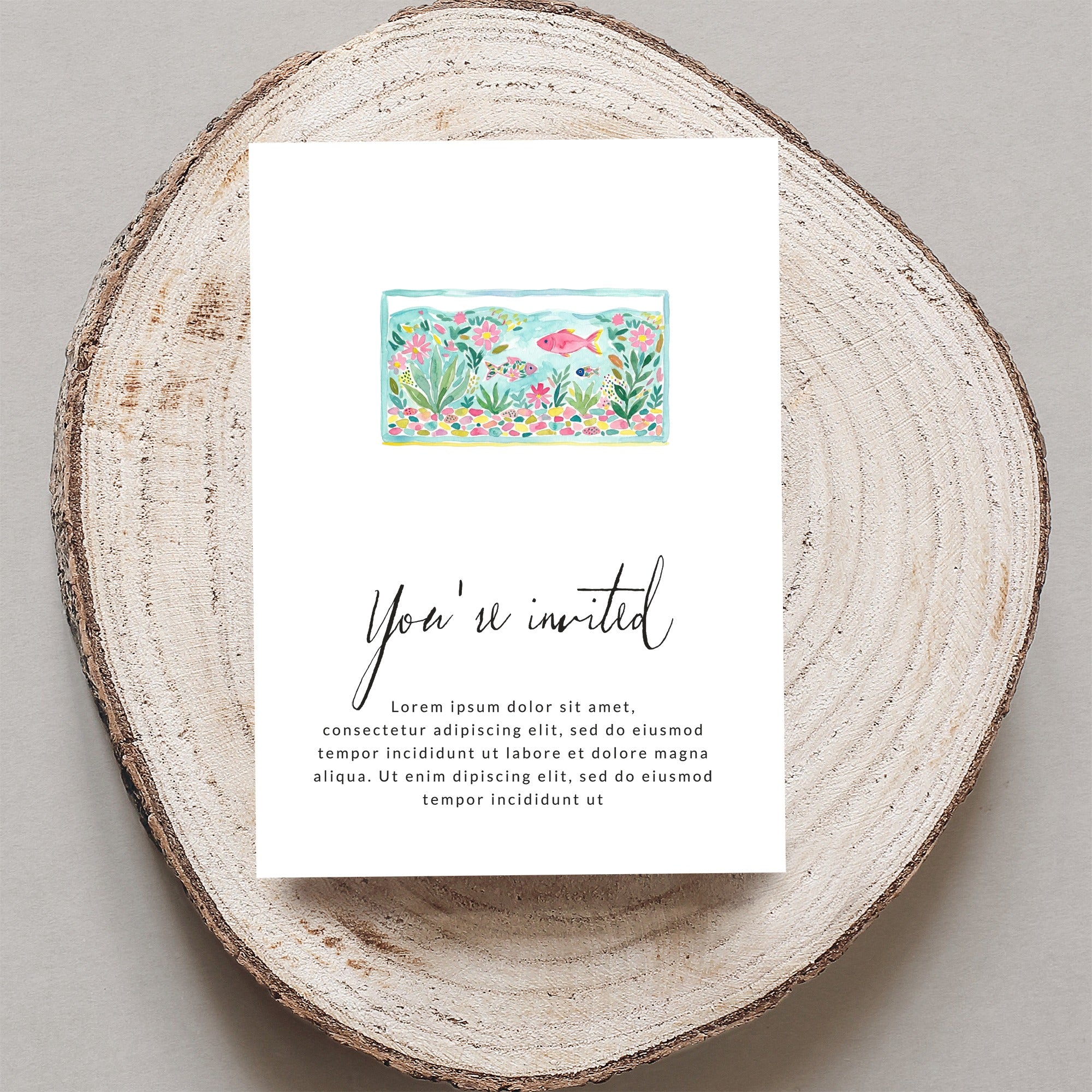 Invitation with "You've invited" text and a watercolor aquarium illustration.