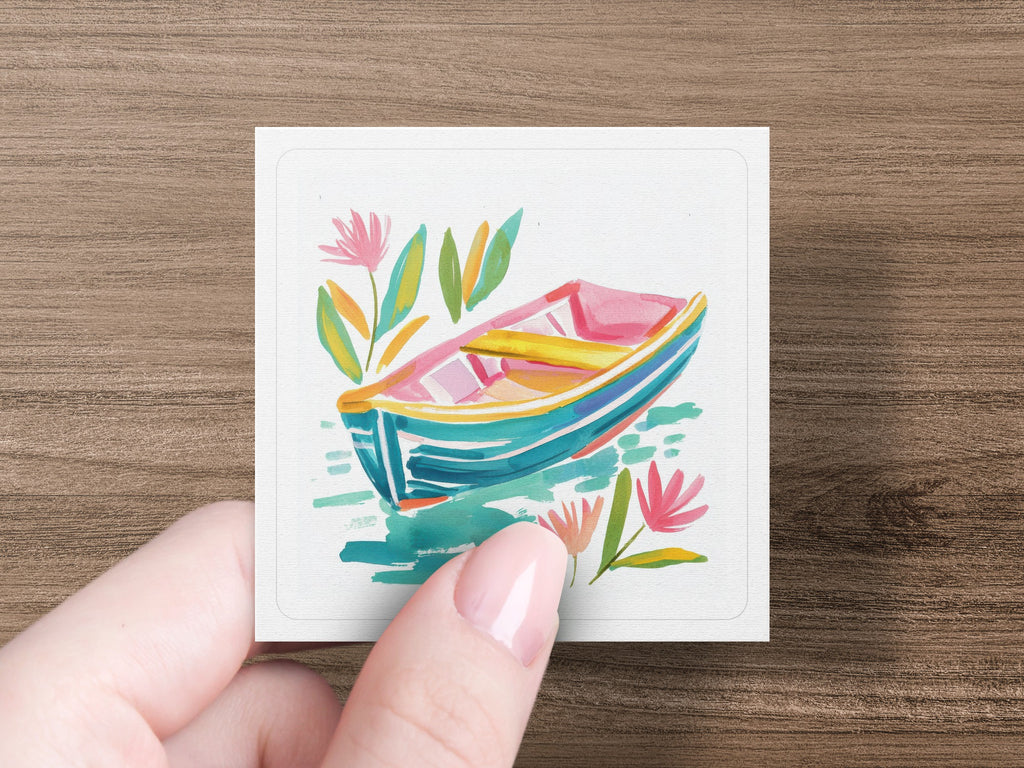 Colorful rowboat with flowers and leaves on water.