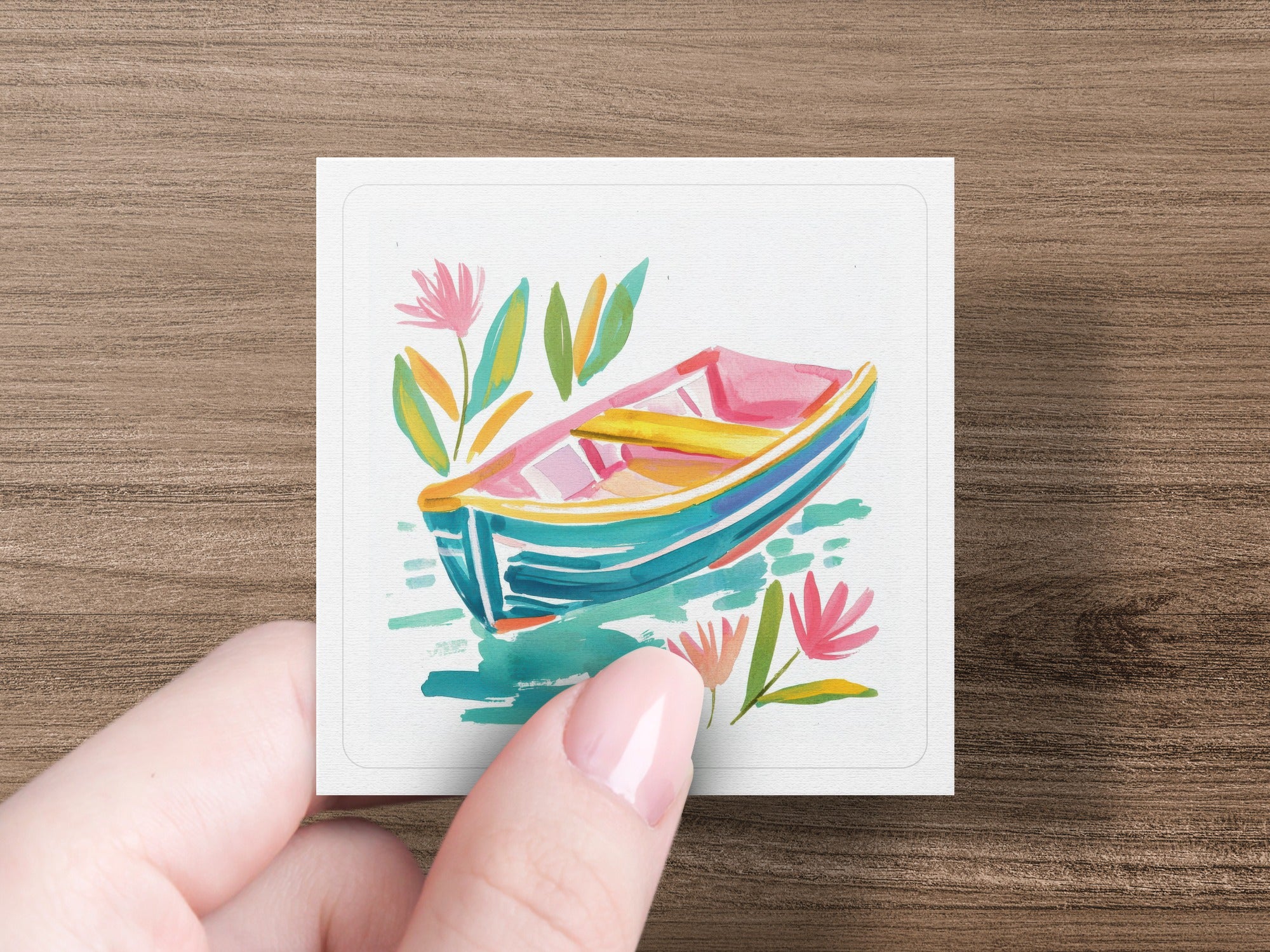 Colorful rowboat with flowers and leaves on water.