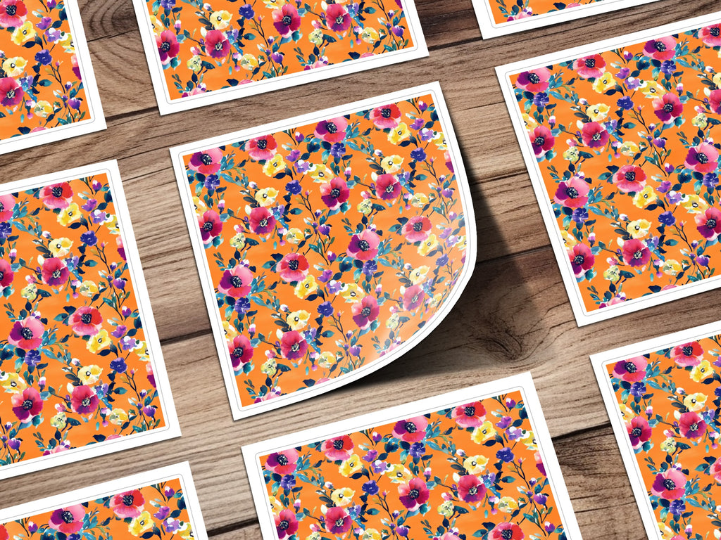 Vibrant Floral Pattern on Orange Sticker Sheet