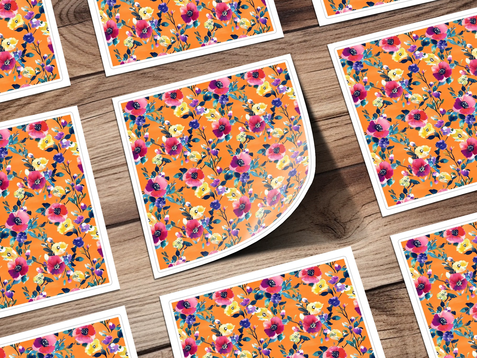 Vibrant Floral Pattern on Orange Sticker Sheet