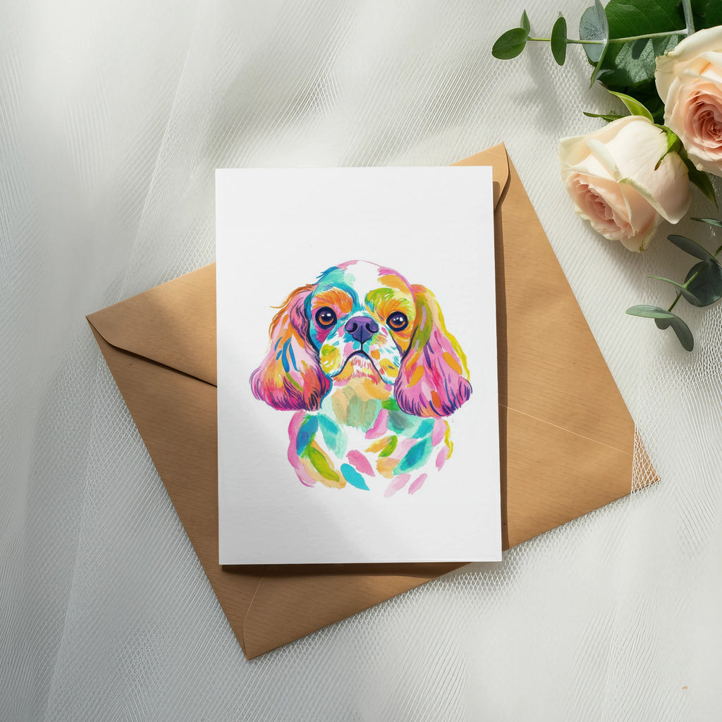 Watercolor painting of a colorful Cavalier King Charles Spaniel on a card.