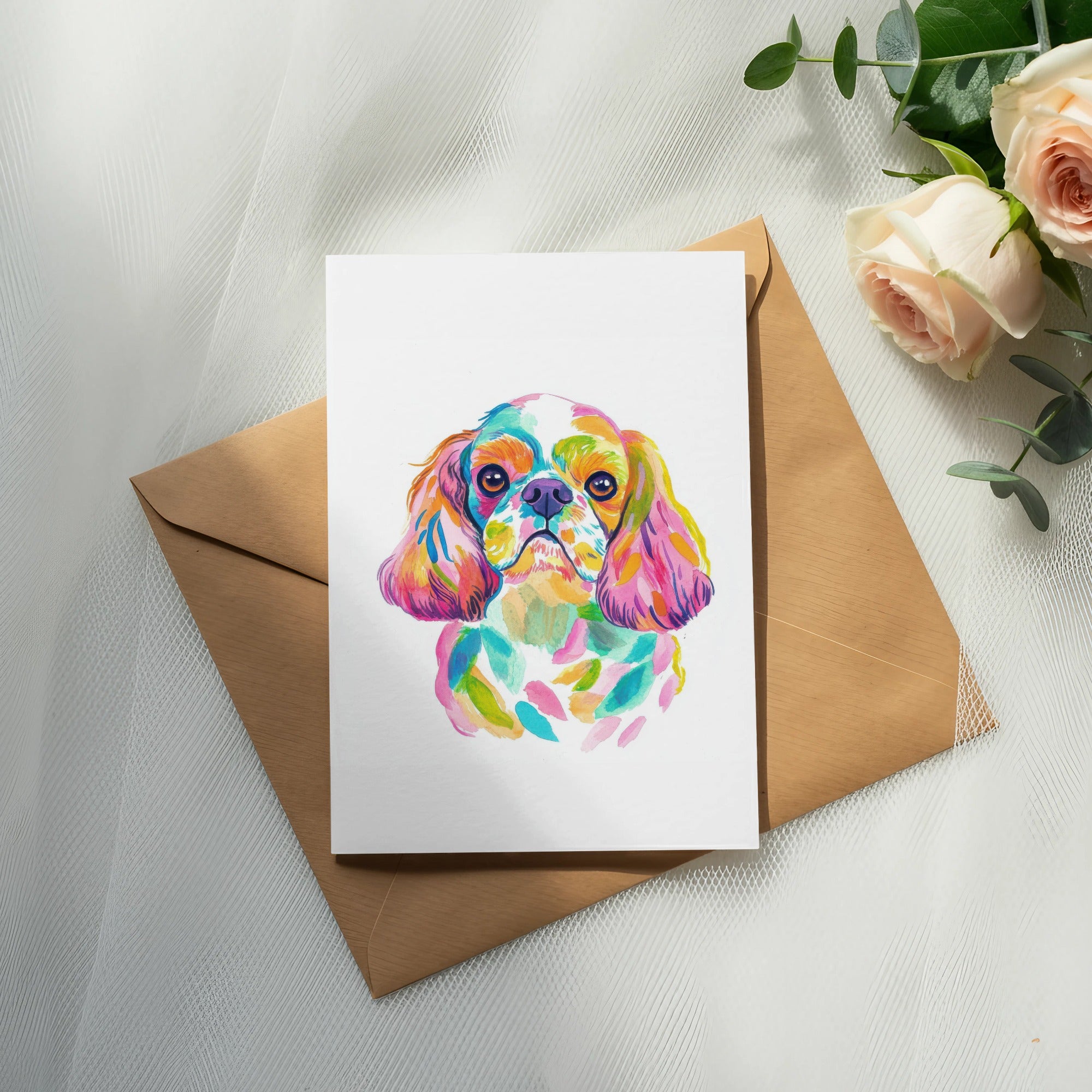 Watercolor painting of a colorful Cavalier King Charles Spaniel on a card.