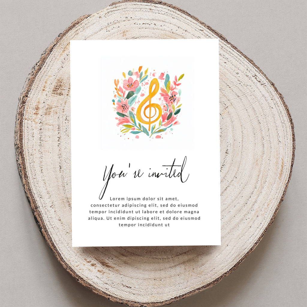Invitation with floral treble clef and placeholder text.