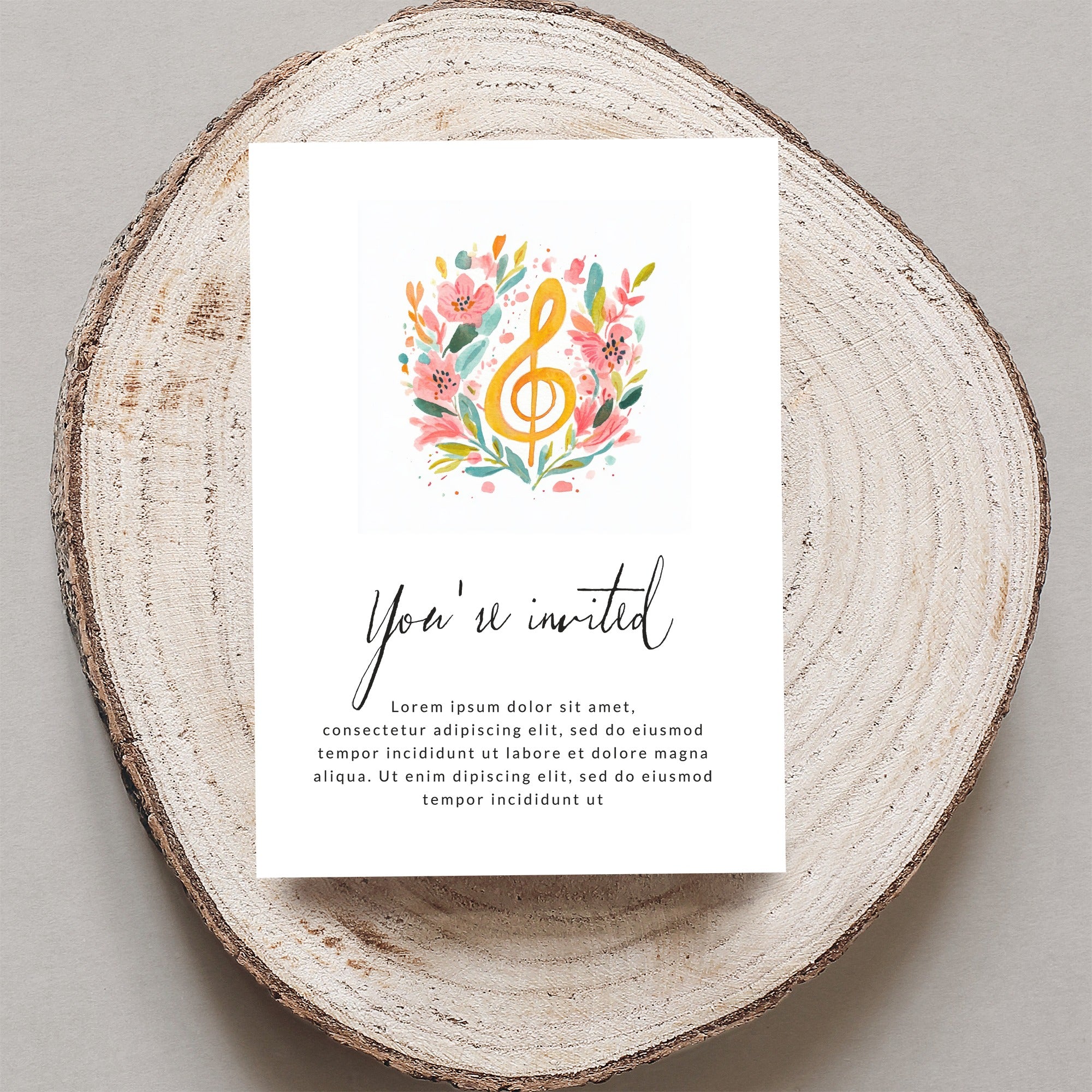 Invitation with floral treble clef and placeholder text.