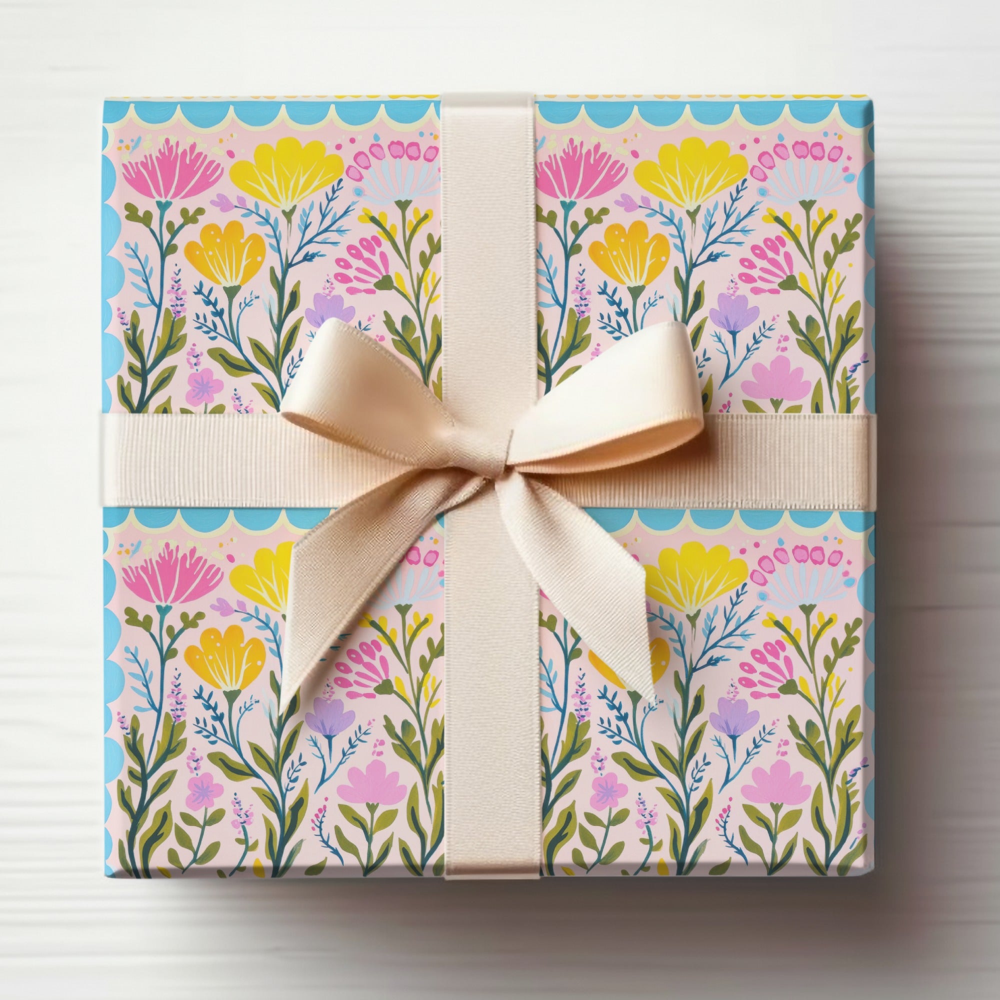 Beautiful Floral Gift Wrap with Cream Ribbon for Presents